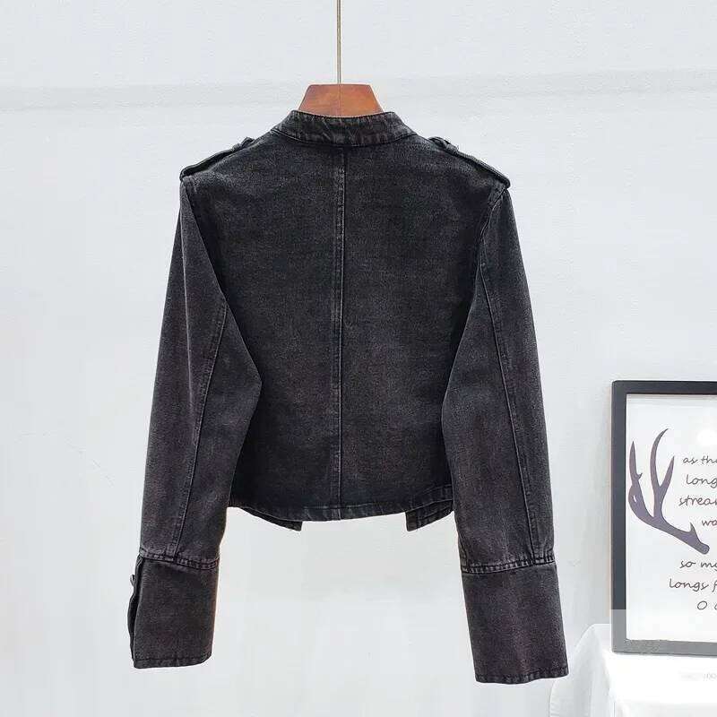 Vintage Stand Collar Black Denim Jackets Spring Autumn Women Double Breasted Slim Short Jeans Jacket Coat Female Cowboy Outwear