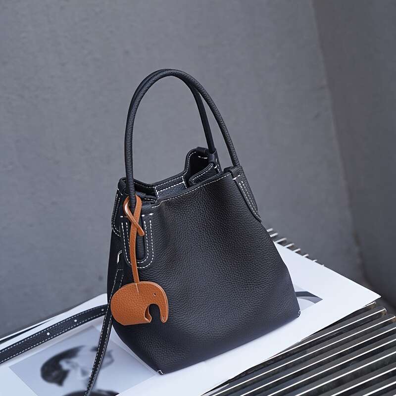 Women's Genuine Leather Top Layer Cowhide Bucket Convertible Handbag Crossbody Bag With Detachable Strap, Elegant Simple Design, Snap Closure, Su
