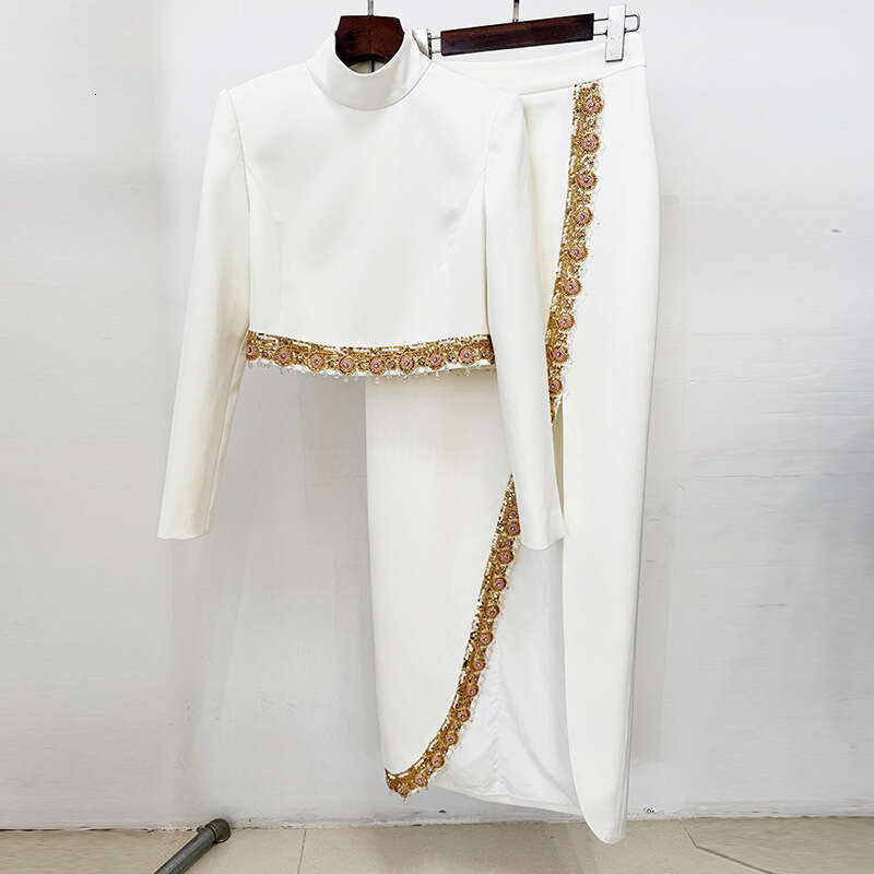 2025 Designer HIGH STREET Newest Fashion Runway Suit Set Women's Diamonds Beaded Cropped Tops Long Skirt Set 2pcs
