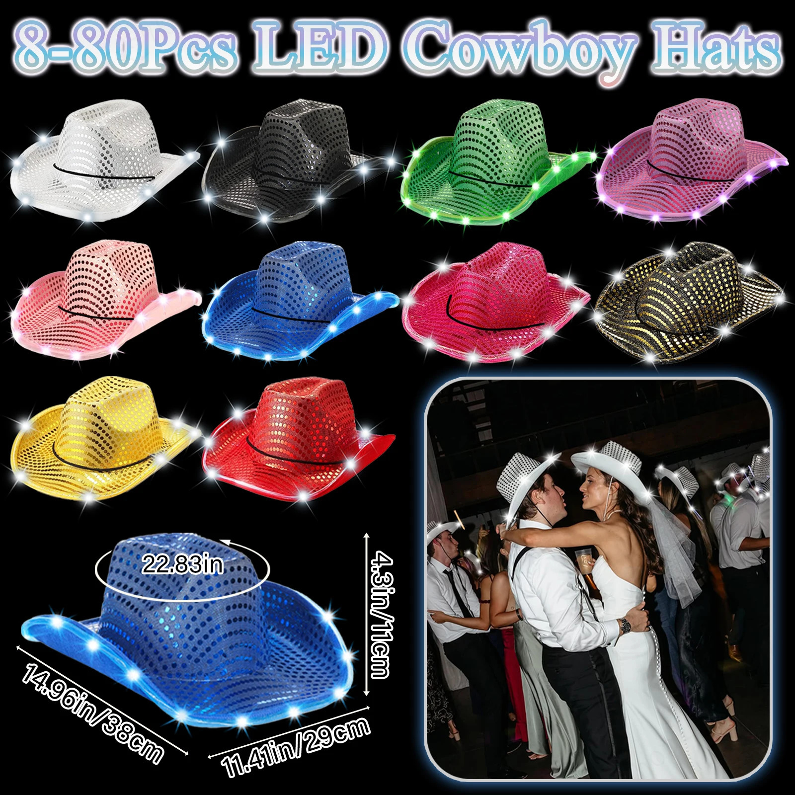 81624325680Pcs LED Cowboy Hats Bulk for Wedding Lighting up Party Hats Bachelorette Sequin Cowgirl Hat Flashing Disco Hats 251015