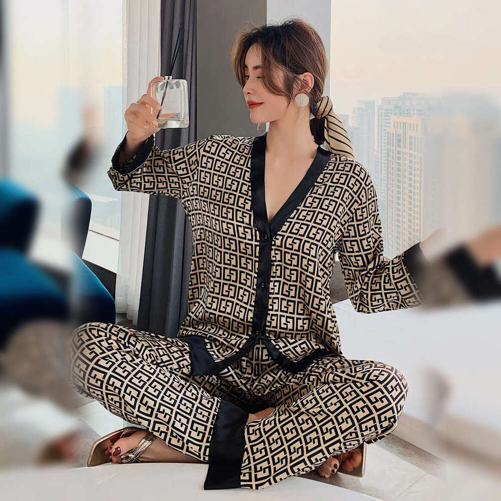 Fashion Printed Cardigan Ice Silk Sleeve Long Pants Women's Casual Wearable Two-Piece Homewear Set Pajamas