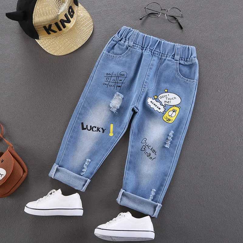 Autumn 2025 Children Toddler Boy Denim Pants Elastic Waist Letter Sticker Baby Boys Trousers Exterior Cartoon Bear Kid Boy JeansT251017