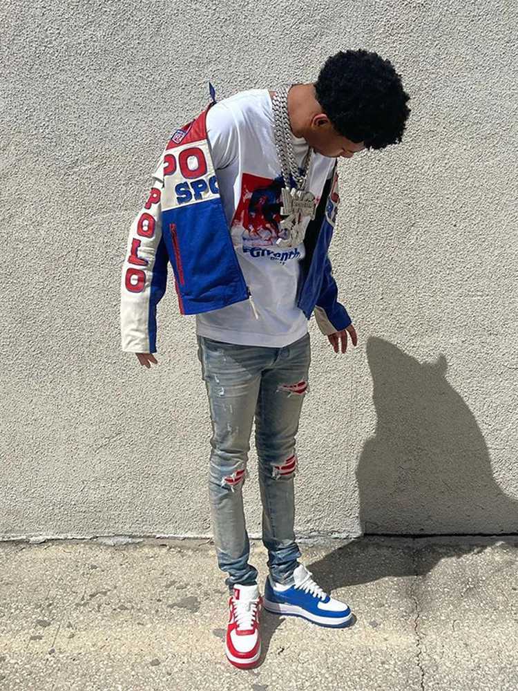 High Street Mens Vintage Jeans 1 Streetwear Elastic Slimfit Jeans with Ripped Patches New Style Vintage Long Trousers Y251105