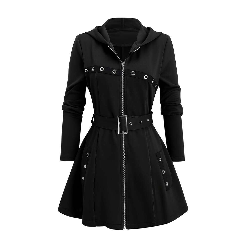 1Pc Y2k Style Women's Hooded Jacket - Solid Color Polyester Knit Fabric With Zipper And Belt Detail, Long Sleeve Punk-Inspired Casual Outerwear F