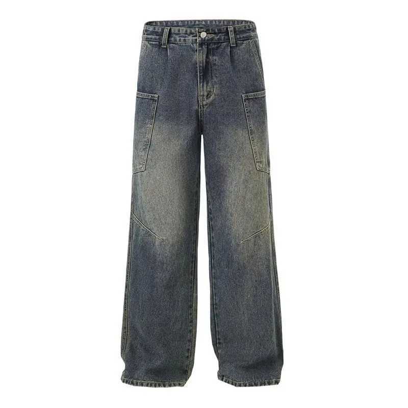 Korean Style Large Pocket Workwear Jeans Retro Blue MenS Baggy Jeans Straight Leg Pants Casual Wide Leg Pants Casual Pants Y251105