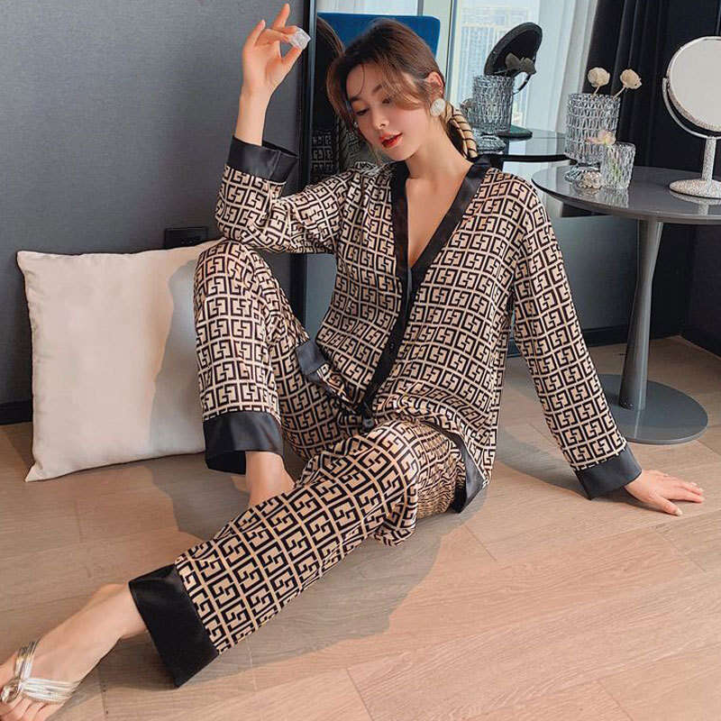 Fashion Printed Cardigan Ice Silk Sleeve Long Pants Women's Casual Wearable Two-Piece Homewear Set Pajamas