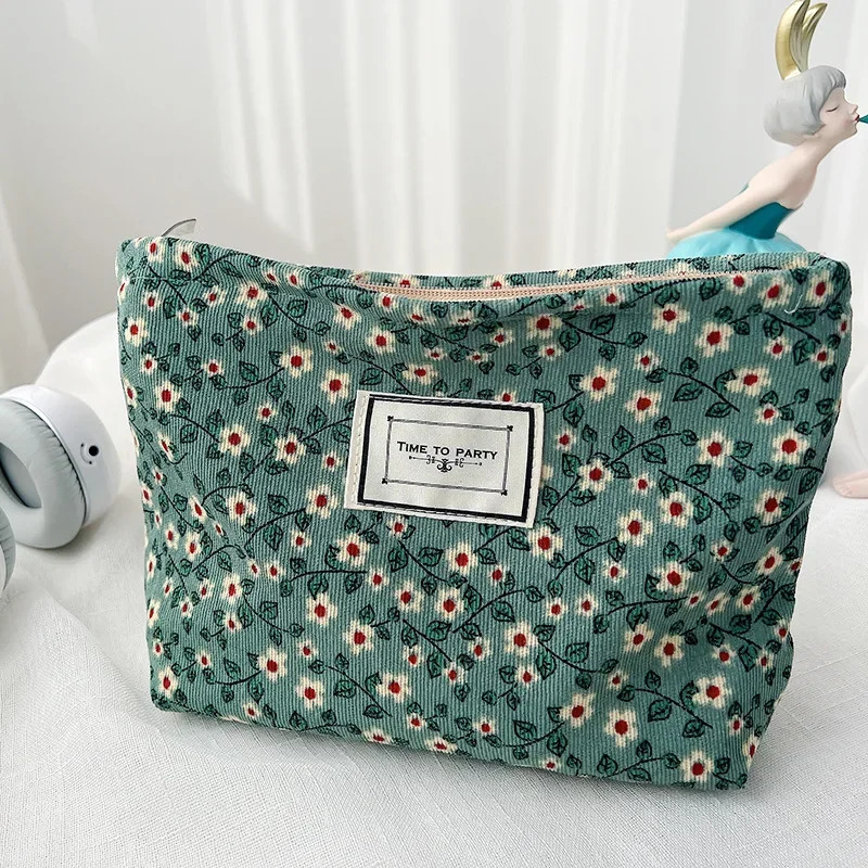 Corduroy Makeup Bag Organizer Clutch Retro Flower Print Cosmetic Bag Wash Women Travel Make Up Pouch Beauty Toilet Storage Cases251011
