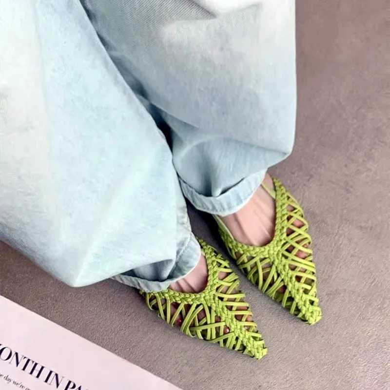 Elegant Green Openwork Woven Women Pumps Sexy Pointed Toe Square Heel Flat Sandals for Women Summer Fashion Comfort Beach Shoes Z251015
