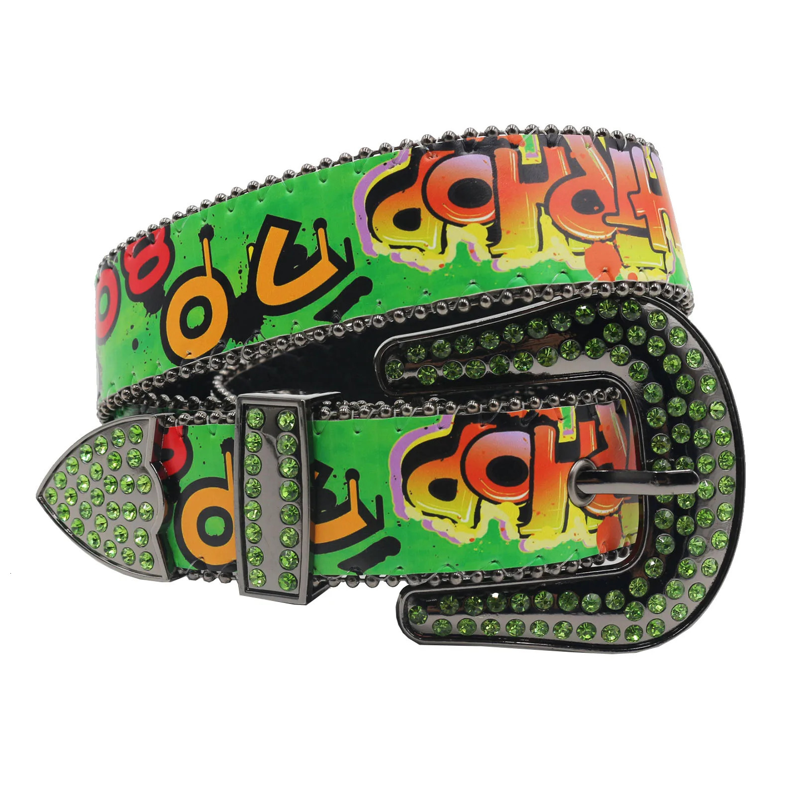 Shiny Pu leather belt Green Drip graffiti intersection Casual hip Hop allinone belt with rhinestone Ladies Fashion belt 251010