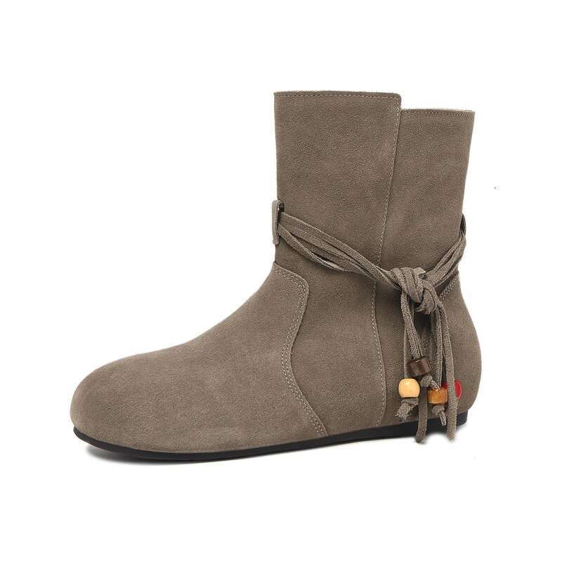 Cameido Women Suede Flat Short Round Toe Vintage Western Beaded Tied Fringed Boots For Autumn And Winter
