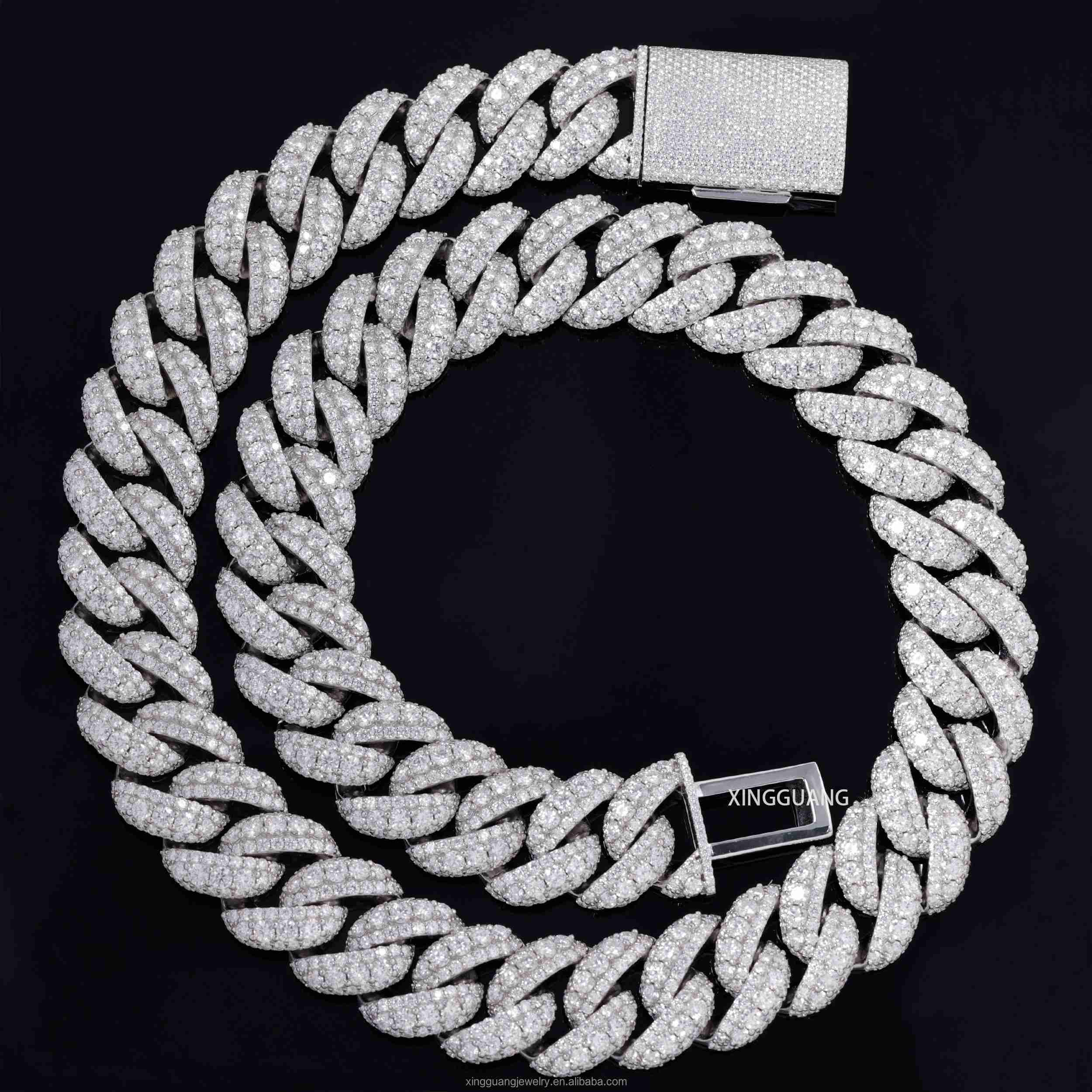 White Gold Plated Heavy Chain 20MM 22MM Iced Out Moissanite Raised Chain S925 VVS Diamond Cuban Lidynamic Chain Necklace Jewelry