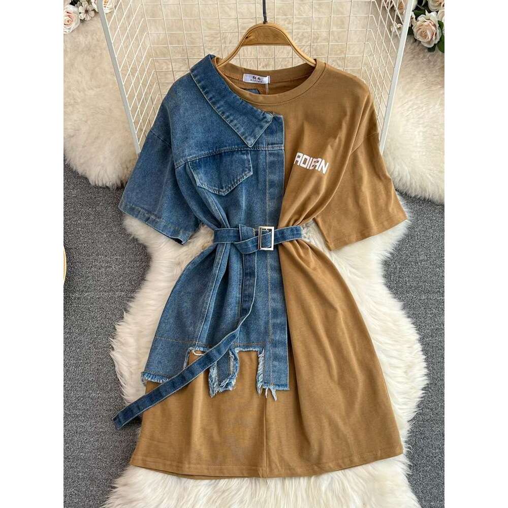 waist Waisted Round Neck Color Block Denim Shirt Chic Casual Mid-length