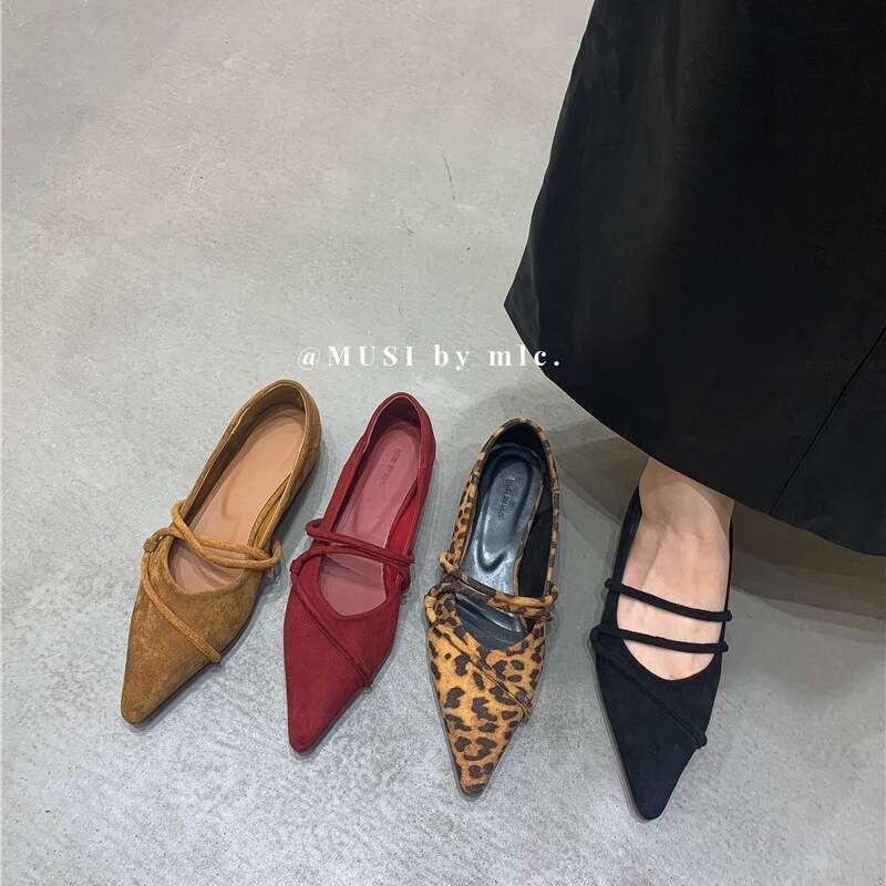 Leopard Print Suede Mary Jane Granny Shoes - 2025 New Style Women's Designer Shoe, Pointed Toe Shallow Mouth with One Strap & Wearable Hidden Wed