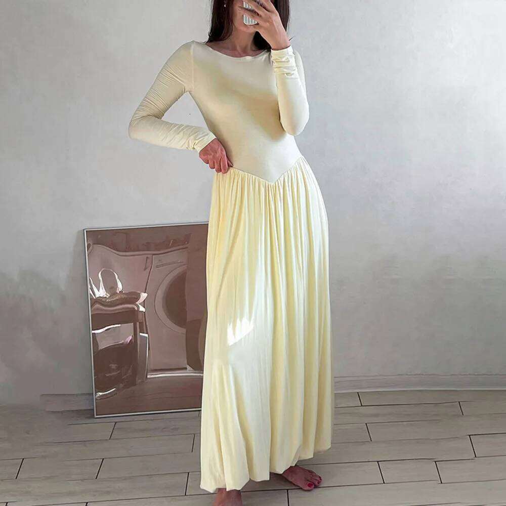 Blifanbo Autumn Round Neck Sleeve For Women Slim Elegant Fashion Pleated High Waist Patchwork Long Dress Vestido