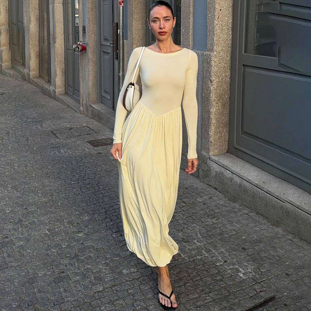 Blifanbo Autumn Round Neck Sleeve For Women Slim Elegant Fashion Pleated High Waist Patchwork Long Dress Vestido