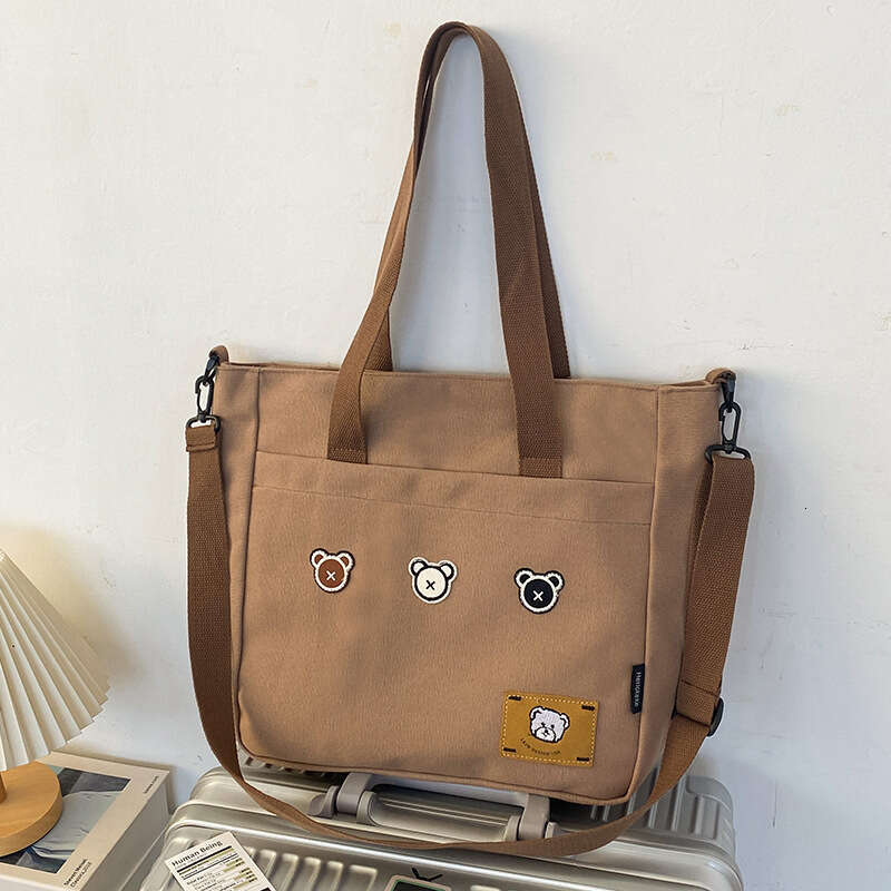 2025 New Printed Canvas Shoulder Large Capacity Casual Tote Bear Crossbody for Women Student Tutoring Bag
