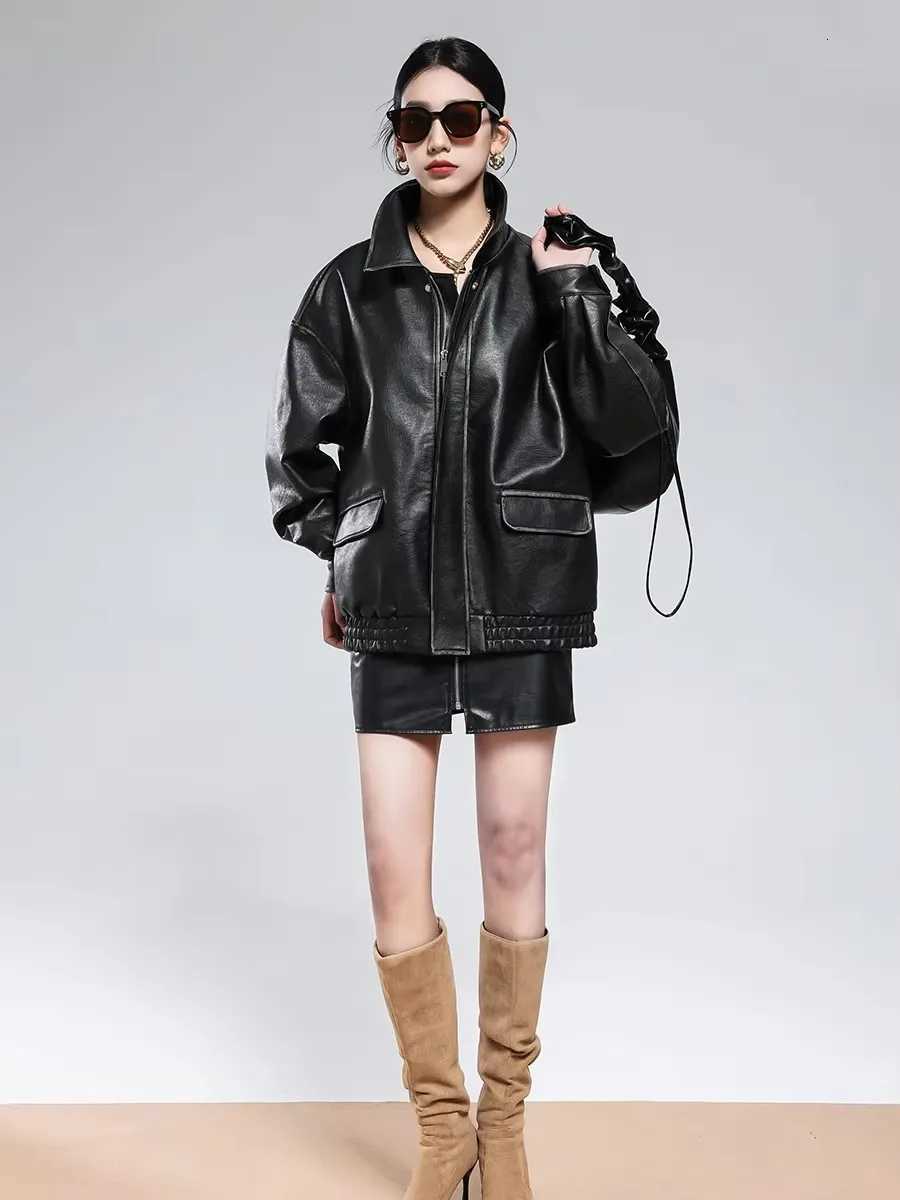 Nerazzurri Autumn Cool Oversized Vintage Distressed Brown Pu Leather Jacket Women Zipper Loose Retro American Retro Clothes 2025T251017