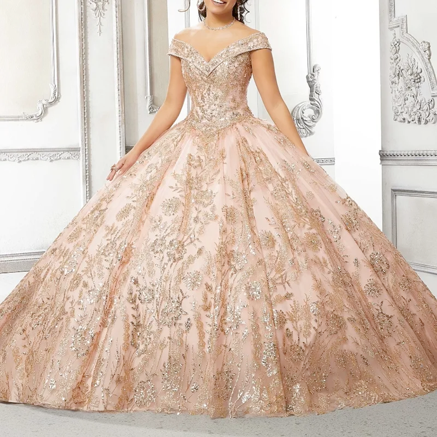 Rose Gold Shiny Ball Gown Quinceanera Dress 2025 Appliques Lace Beads Off Shoulder Sweet 15 16 Years Vestidos De XV Anos