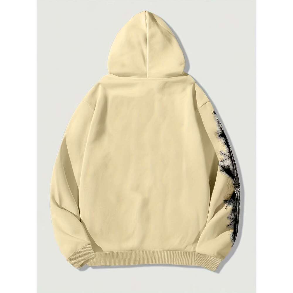 Women's Casual Black Zip-Up Hoodie With Cross & Lighing Bolt Graphic Front Zipper Closure, Hine Washable All-Season Streetwear, Streetwear Fashio