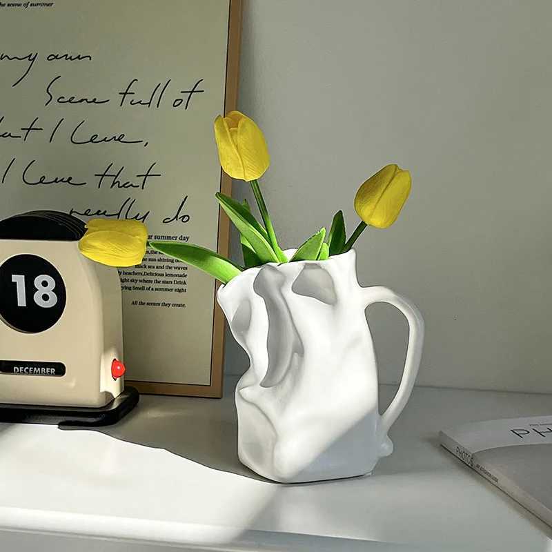 Creative Pleated Paper Bag Silvery Ceramic Vase Unique Aesthetic Vases For Living Room Coffee Table Bathroom Table Decor C251017