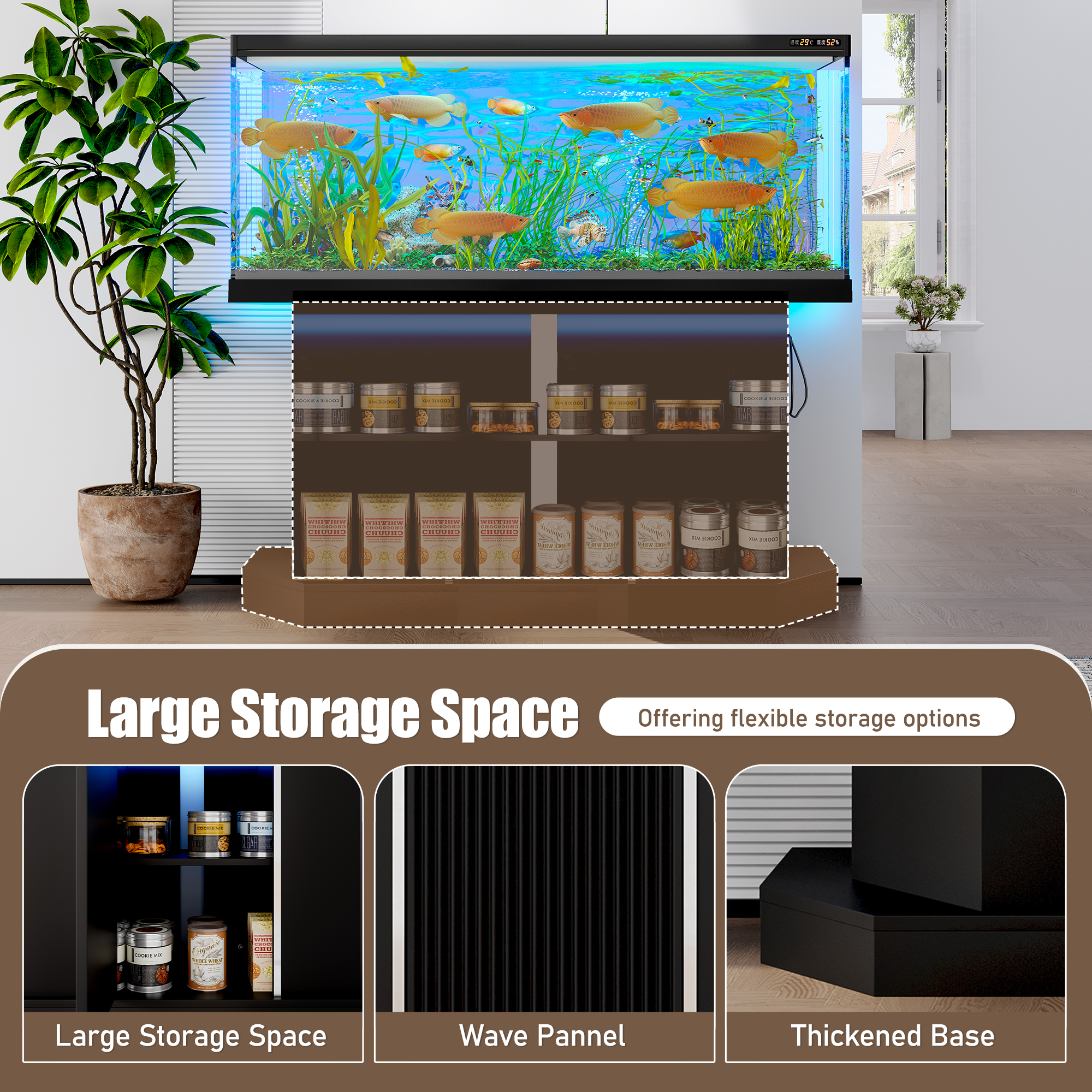 Modern 55-75 Gallon Fish Tank Stand with Power Outlet (4 AC 2 USB Ports) Heavy Duty Aquarium Stand with Cabinet Storage for Turtle Tank Reptile Terrar