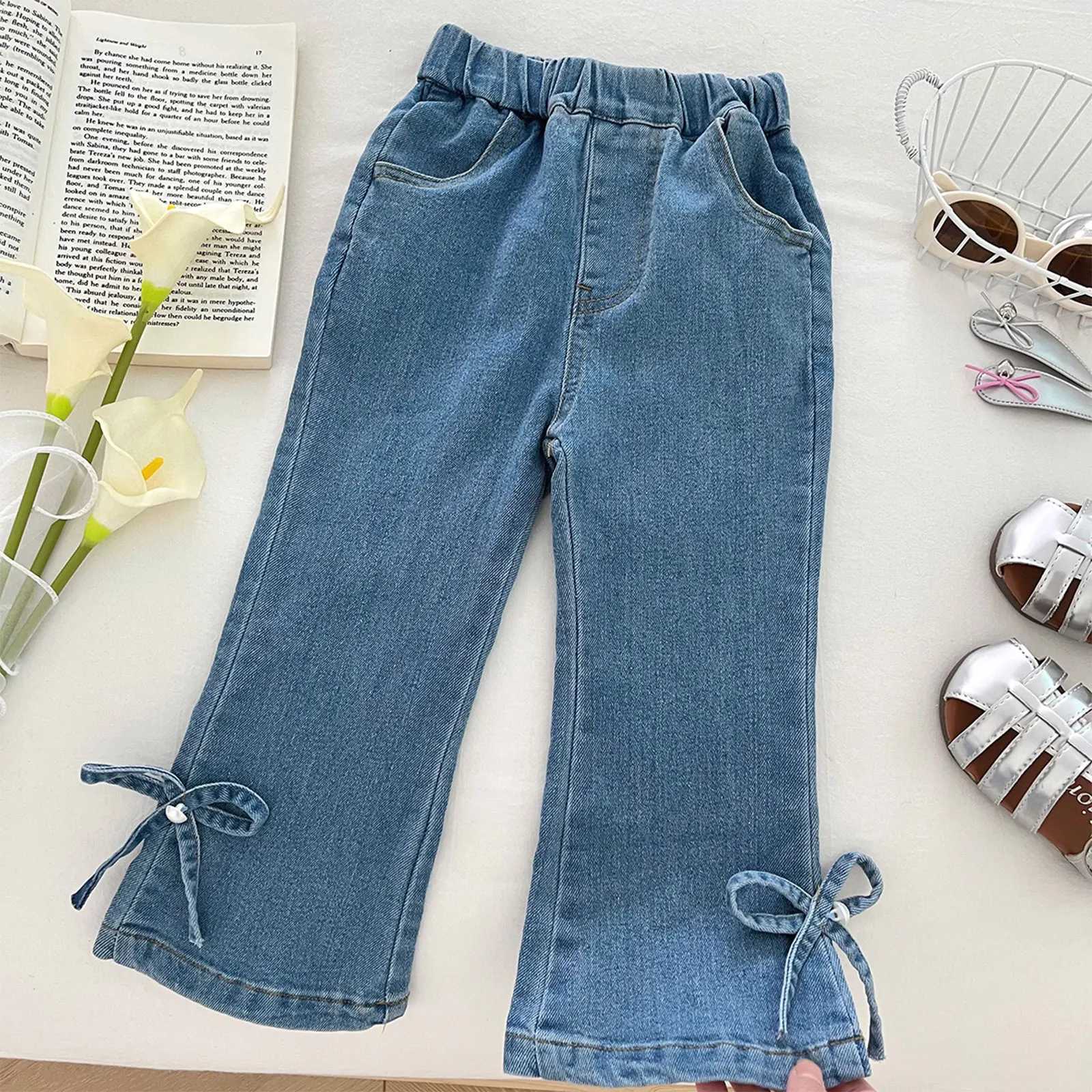 Toddler Girls Clothes Fashion Flared Jeans Casual Elastic Waistband Cute Bow Denim Pants with Pockets Children School Daily WearT251017
