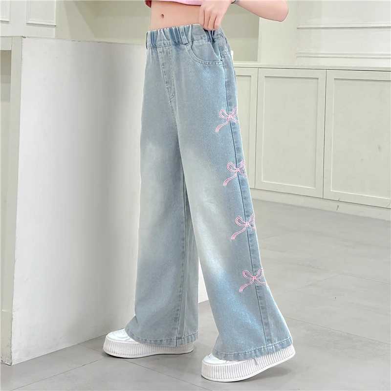 Autumn Kids Child Straight Jeans with Bows on The Side for Teens Girls Fashion Loose Fit Denim Pants Child Casual Jeans TrousersT251017