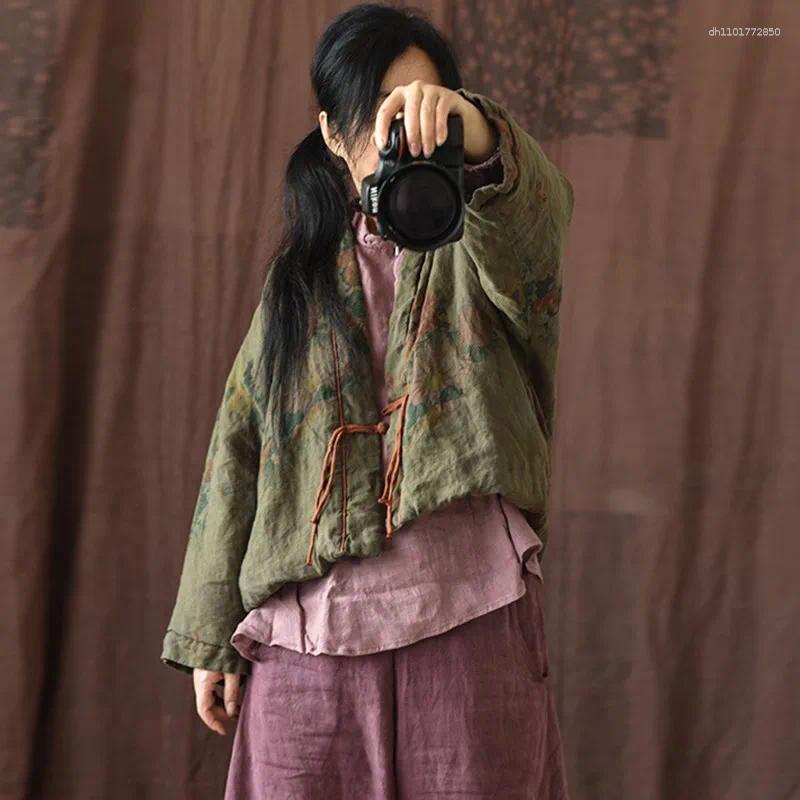 Women's Jackets Women Casual Padded Arrival 2025 Winter Vintage Style Floral Print Loose Female Thick Cotton Linen Coats M187