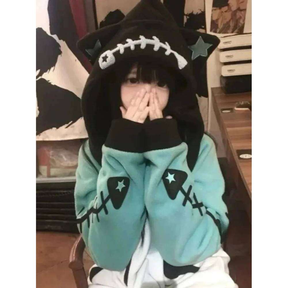 Contrast Color Kawaii Fish Bone Hoodies Women Vintage Y2k Aesthetic Oversized Streetwear Hoody Grunge Zipper Sweatshirt