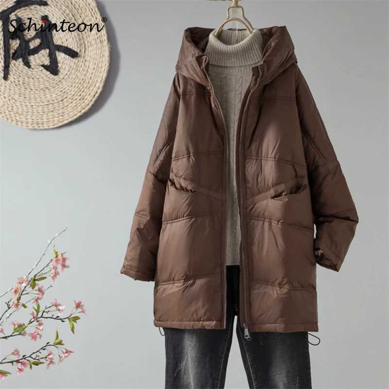 Schinteon Women White Duck Down Loose Jacket with Hood Autumn Winter Outwear Casual Over Size Casual Coat Korean Style 2023 New W251016