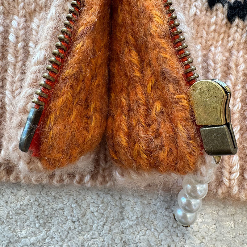 Luxury Designer Women's Cotton Wool Blend Zip Up Knit Jacket Chic Contrast Notch Collar Long Sleeve Jacquard Outerwear Classic Loose Warm Breatha