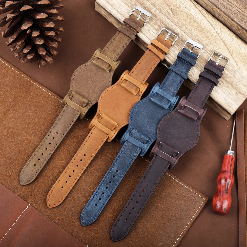 Genuine Leather Watchband 18mm 19mm 20mm 21mm 22mm Watch Strap Men Wristband with Mat Handmade Crazy Horse Leather Bracelet 251016