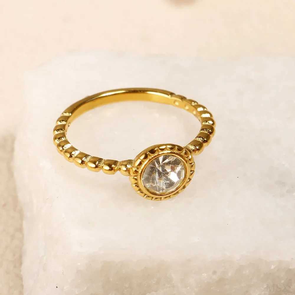 Personality Round Beads Ring Band Small Clear Crystal Zircon Waterproof Stainless Steel Gold Rings Simple Granular Fine JewelryW251017