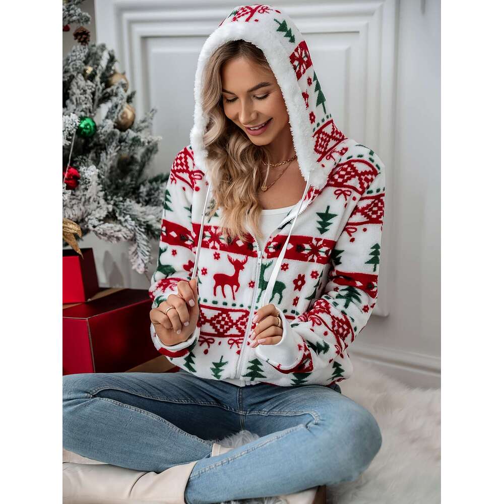 Christmas Jacket Christmas Plush-Lined Hooded Jacket | Festive Reindeer Snowflake Design, Stretchy Polyester Blend, Hine Washable Winter Coat For Holi