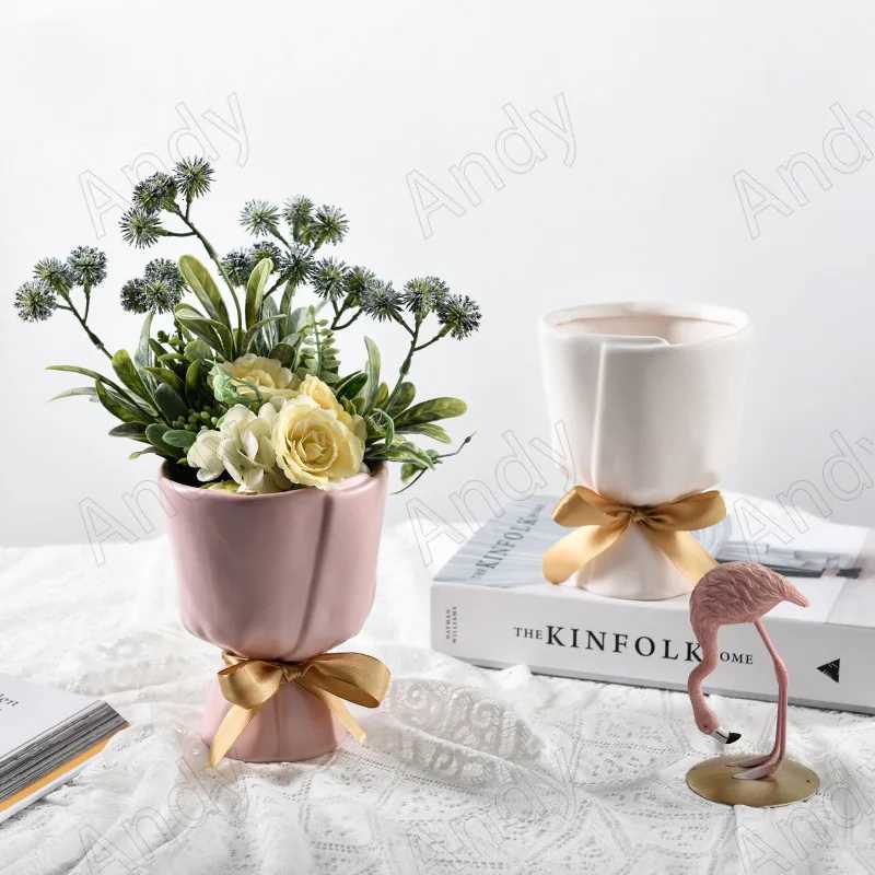 European Ceramic Vase Creative Bouquet Bow Decorative Living Room Desktop Flower Vases Modern Art Home Decoration Ornament C251017