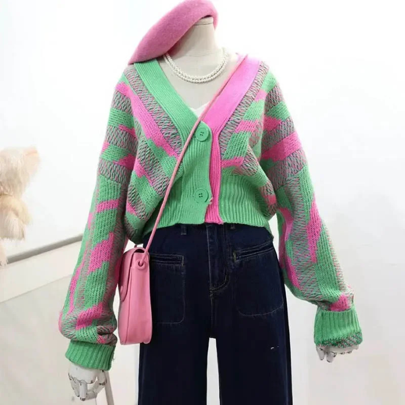 Women Color Block Green Crop Cardigan High Street Long Sleeve Knit Top Sweater Autumn Winter Korean Dongdaemun Fashion Trends 251013