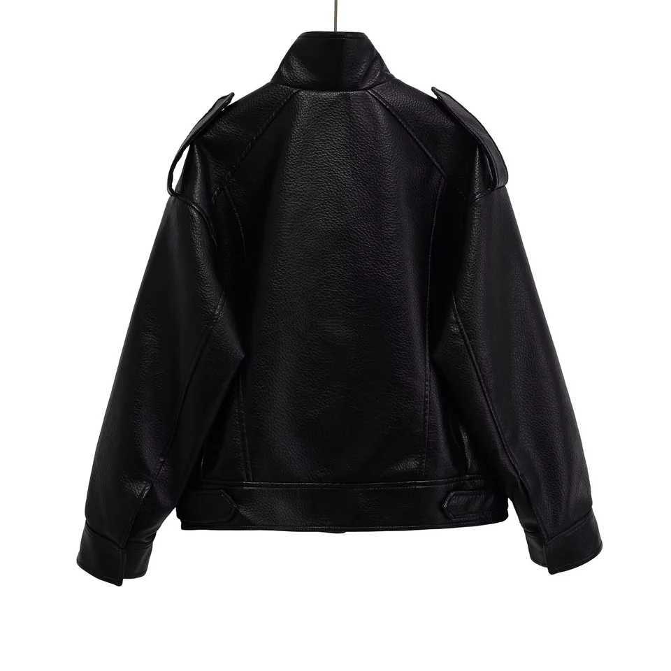 UNIZERA2025 autumn new womens casual fashion simple loose imitation leather stand collar pilot leather jacket coatT251017