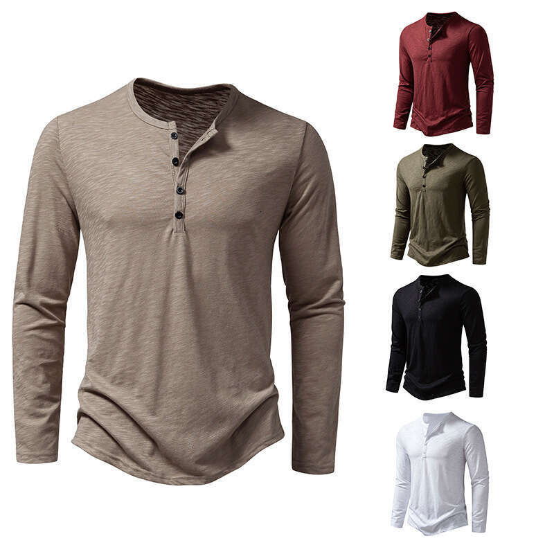 Men's Bamboo Cotton Henley Collar Polo Shirt Fashion Long Sleeve T-Shirt Men B5