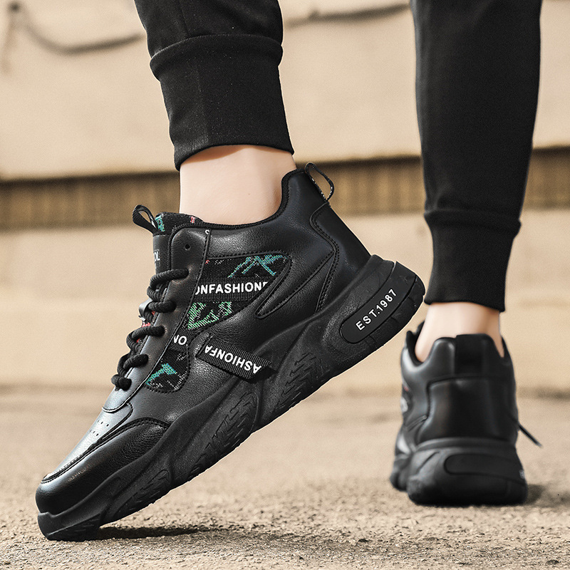 Men's Spring Trendy Sports High-top Thick-soled Casual Youth Leather Basketball Wear-resistant White Dad Shoes