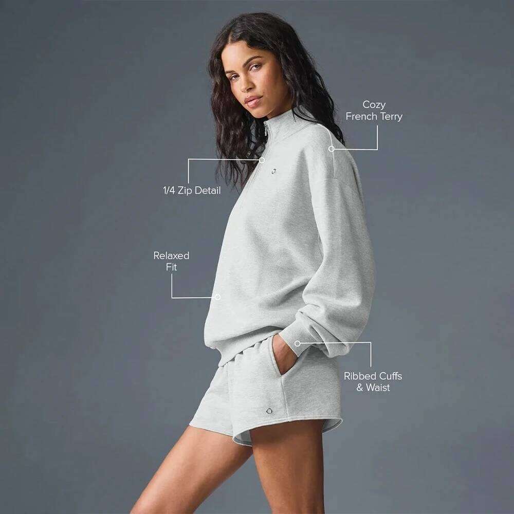 Women Sweatshirt Hoodie Outifits Yoga Running 1/4 Zip Up Gray Pullovers Female Fashion Loose Cotton Turtleneck Top Sportswear