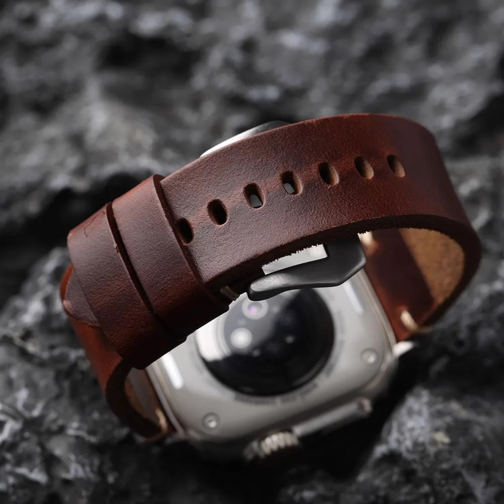 Handmade Top Layer Cowhide Strap 44MM 45MM 49MM Suitability For Watch S9 Ultra2 Brown Thick and Durable Leather Bracelet 251016