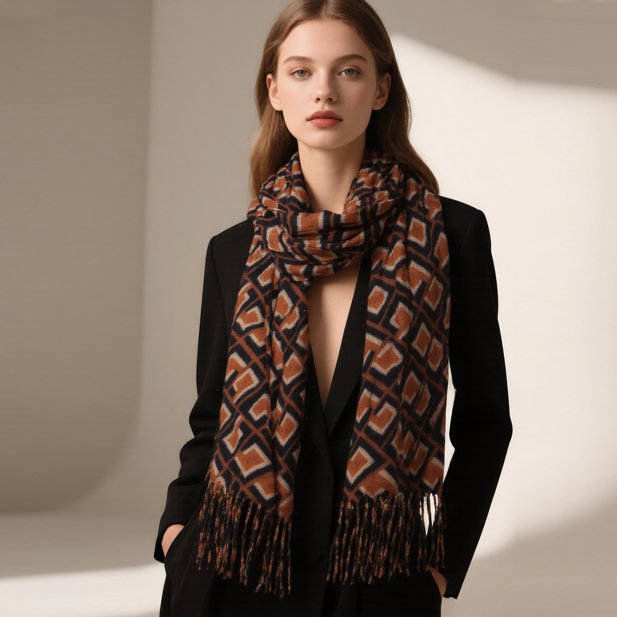 Plaid Print Scarf Mid-Length Shawl High-End Imitation Cashmere Winter Atmosphere Warm Neck