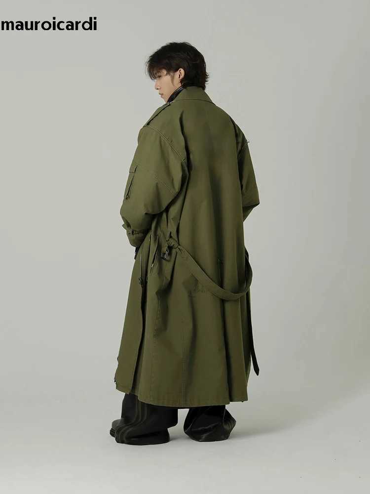 Mauroicardi Spring Autumn Cool Long Army Green Oversized Overcoat Men Sashes Loose Luxury Designer Clothing Cargo Coat 2023 J251017