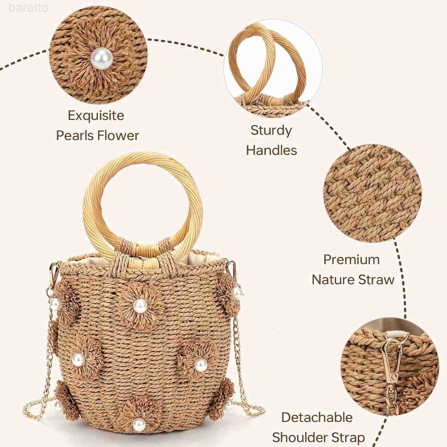 Straw Bucket Bag Flower Pearls Rattan Tote Bag Summer Beach Bag Woven Handbag Drawstring for Women Z251017