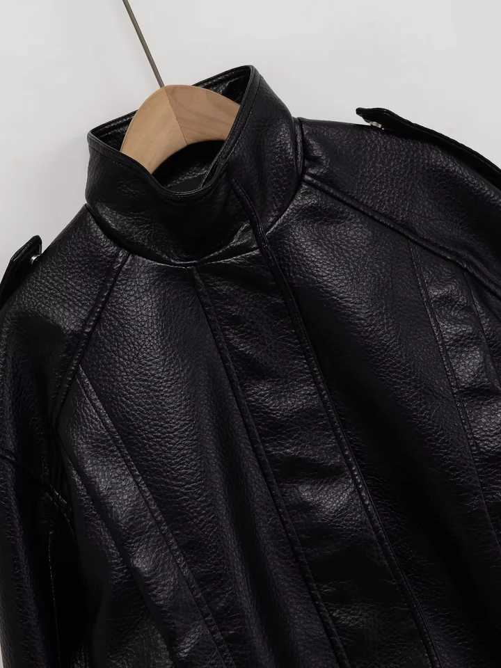 UNIZERA2025 autumn new womens casual fashion simple loose imitation leather stand collar pilot leather jacket coatT251017