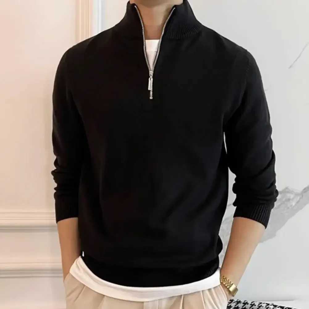 Ribbed Collar Sweater Mens Fall Winter Zippered Halfhigh Collar Sweater Retro Knitted Thick Warm Pullover for Daily Wear Long Z251017