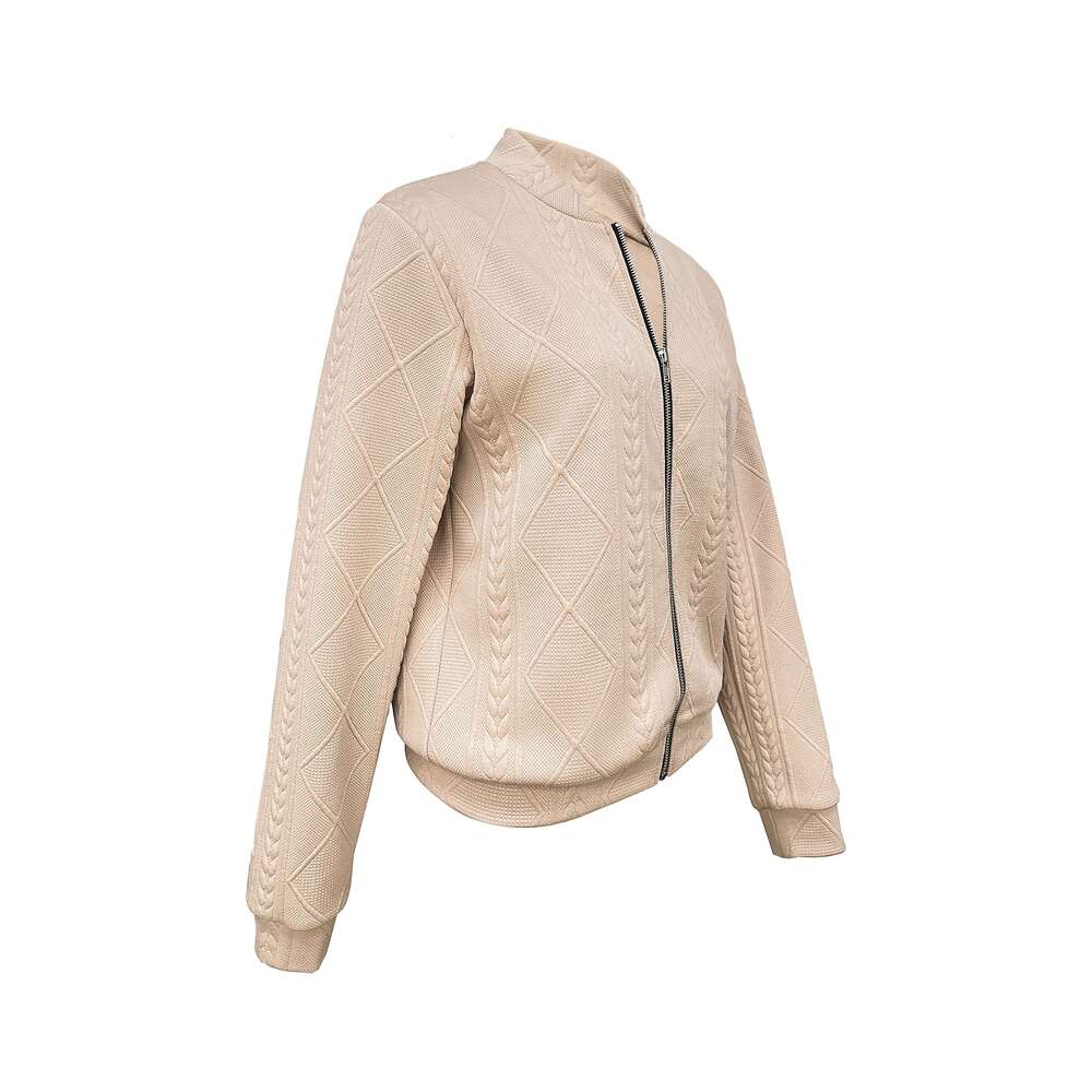 Zip Front Textured Jacket, Casual Solid Color Long Sleeve Jacket For Spring & Fall, Women's Clothing