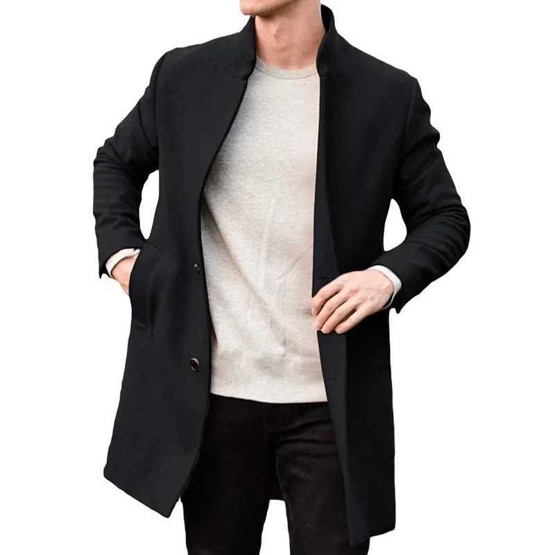British Style Men Woolen Coat Stand Collar Singlebreasted Elegant Male Blazer Trench Coat Midlength Long Winter Warm Overcoat J251017