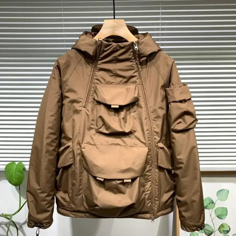 Autumn Winter Mens Loose Casual Cotton Coat Hooded Large Pocket Double Zipper Pullover Jacket Solid Color Long Sleeves Tops 251015