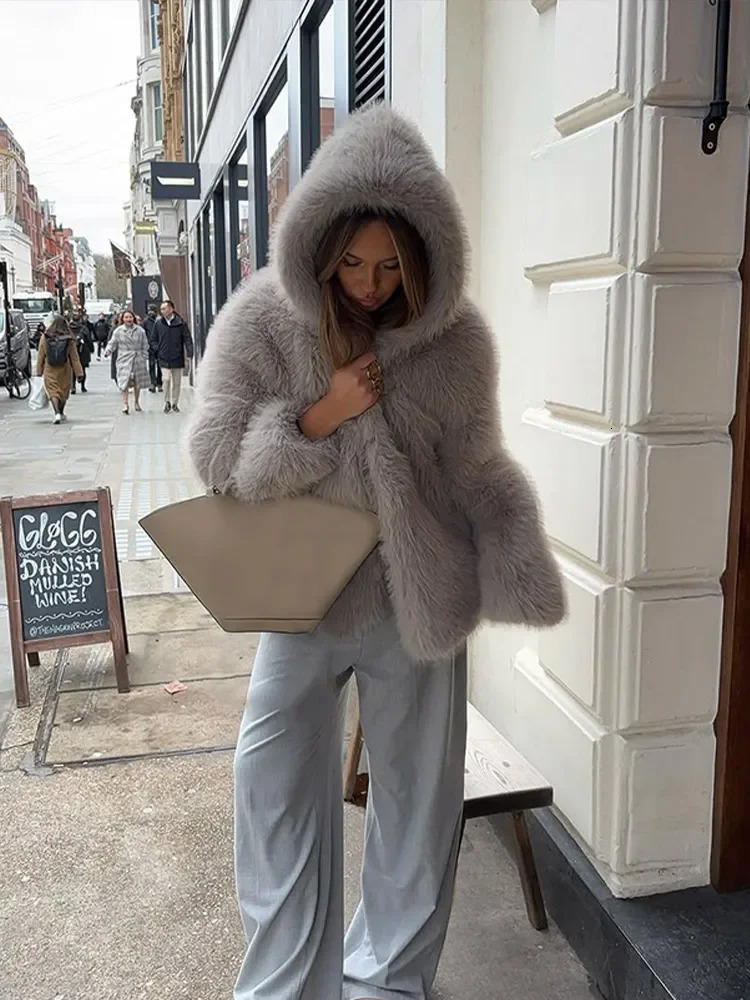 Chic Grey Hooded Fur Jacket Women Fluffy Vneck Long Sleeve Hidden Button Loose Warm Short Jacket Lady 2025 Commute Street Coats 251017